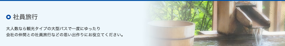 ○社員旅行　大人数なら観光タイプの大型バスで一度にゆったり会社の仲間との社員旅行などの思い出作りにお役立てください。